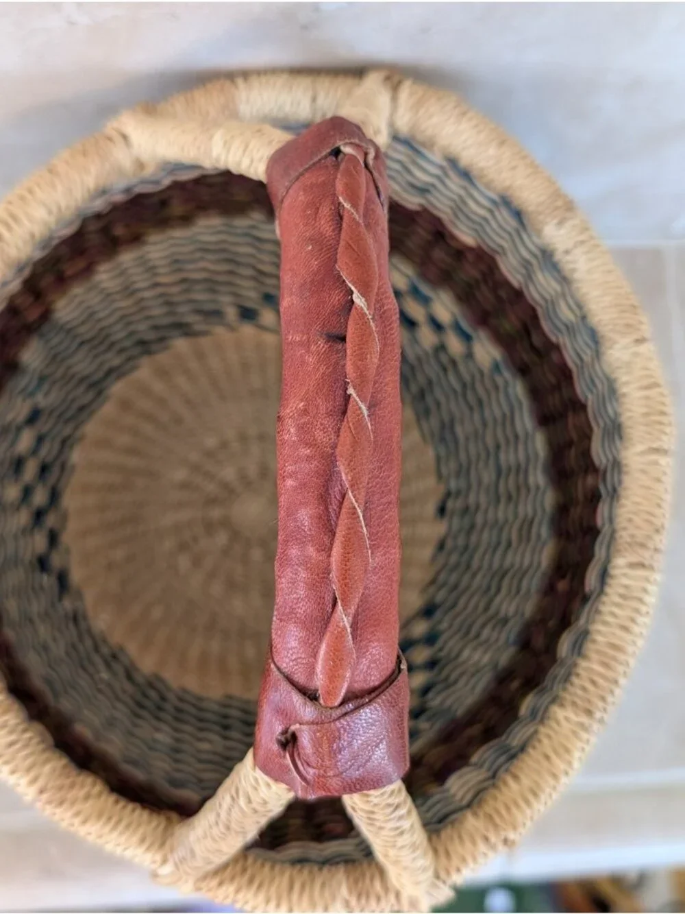 Unique Handwoven African Bolga Basket Leather Handle Multicolor
